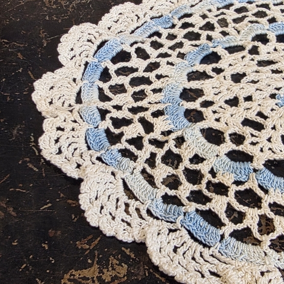Vintage Blue & White Crocheted Doily | Handmade Cottagecore Lace Table Mat 6" - Picture 7 of 7